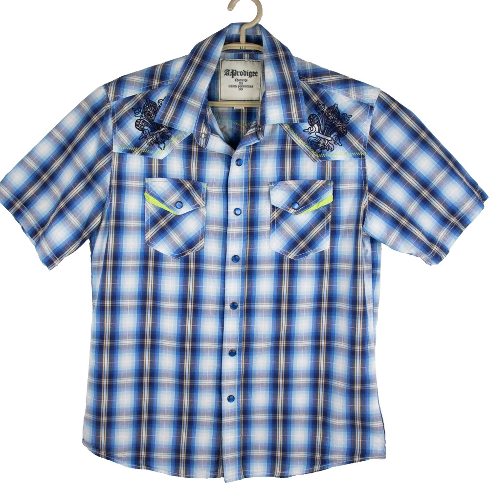 A.‎ Prodigee Blue Multicolor Button Up Short Sleeve Shirt Mens SIZE L